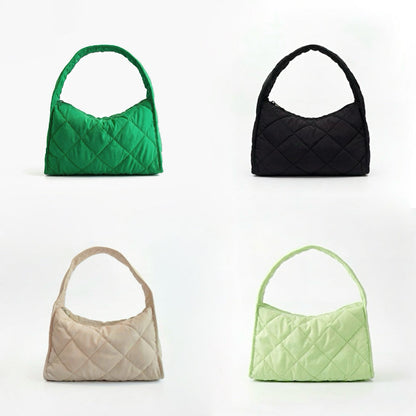 Collection of Puffy Argyle Quilted Hobo Bags in forest green, black, khaki, and light green.