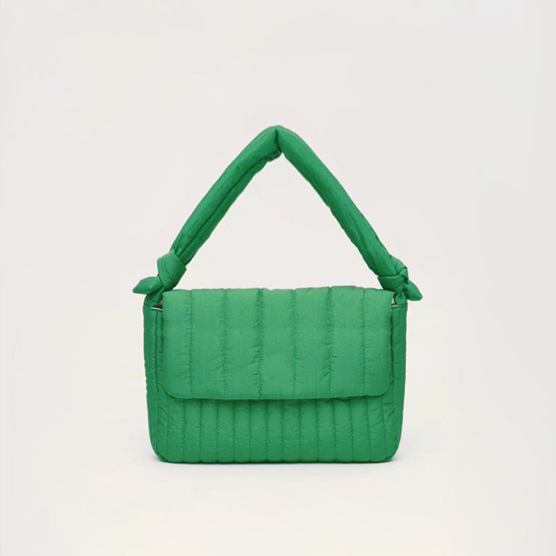 Front view of  Puffy Knot Quilted Bag in green, ideal for errands and gifting.
