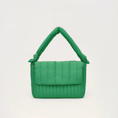 Front view of  Puffy Knot Quilted Bag in green, ideal for errands and gifting.