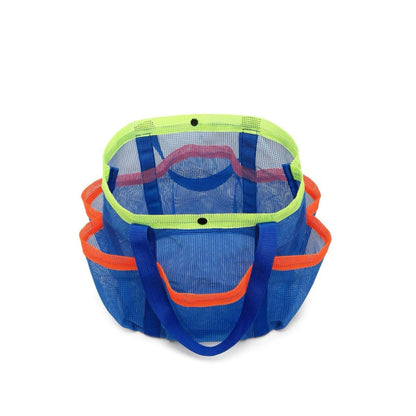 Close-up of Blue polyester mesh beach bag with neon green trim, orange pockets, shoulder strap, and snap closure.