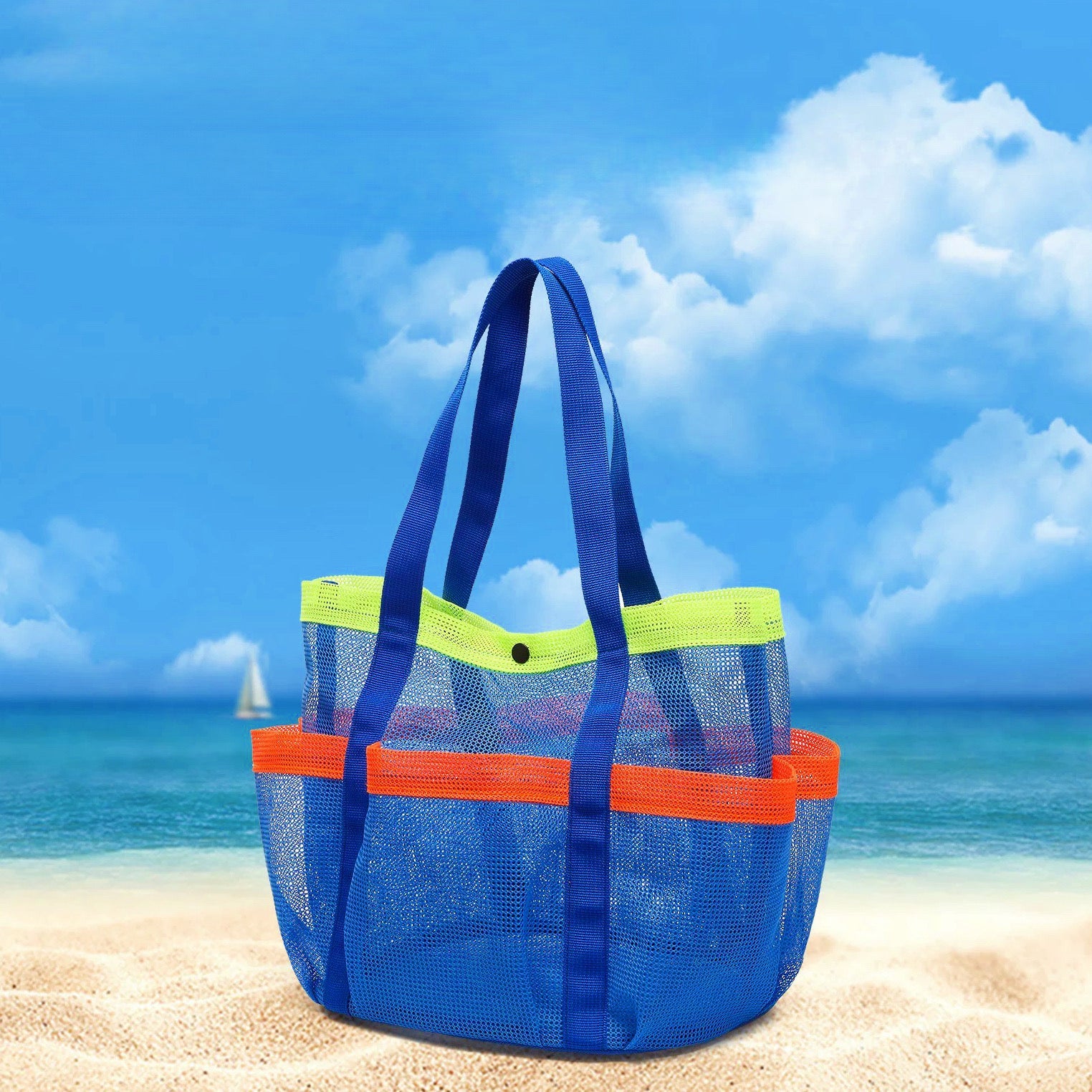 Angled view of Blue polyester mesh beach bag with lime green top trim, orange pockets, shoulder straps, and snap.