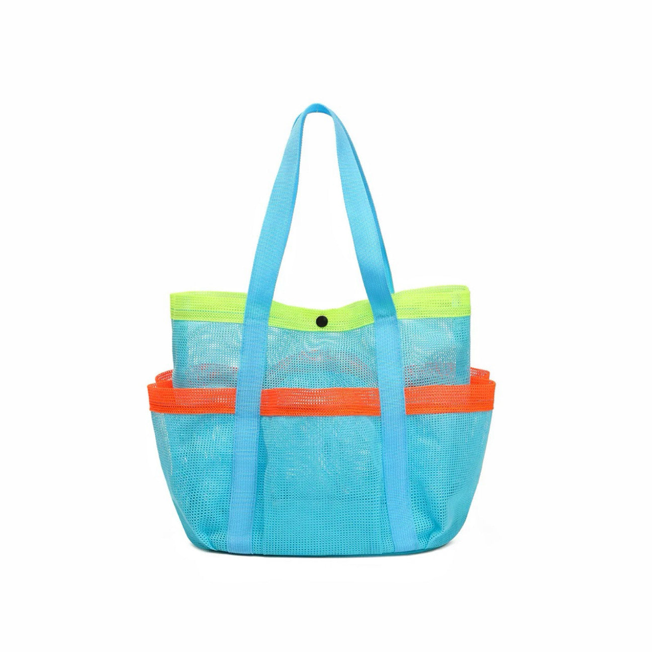 Angled view of Quick Drying Mesh Beach Bag in blue, great for everyday carry and travel.