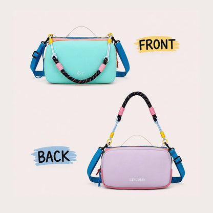 Front cyan side and reversed lilac back side product display of the utility bag.