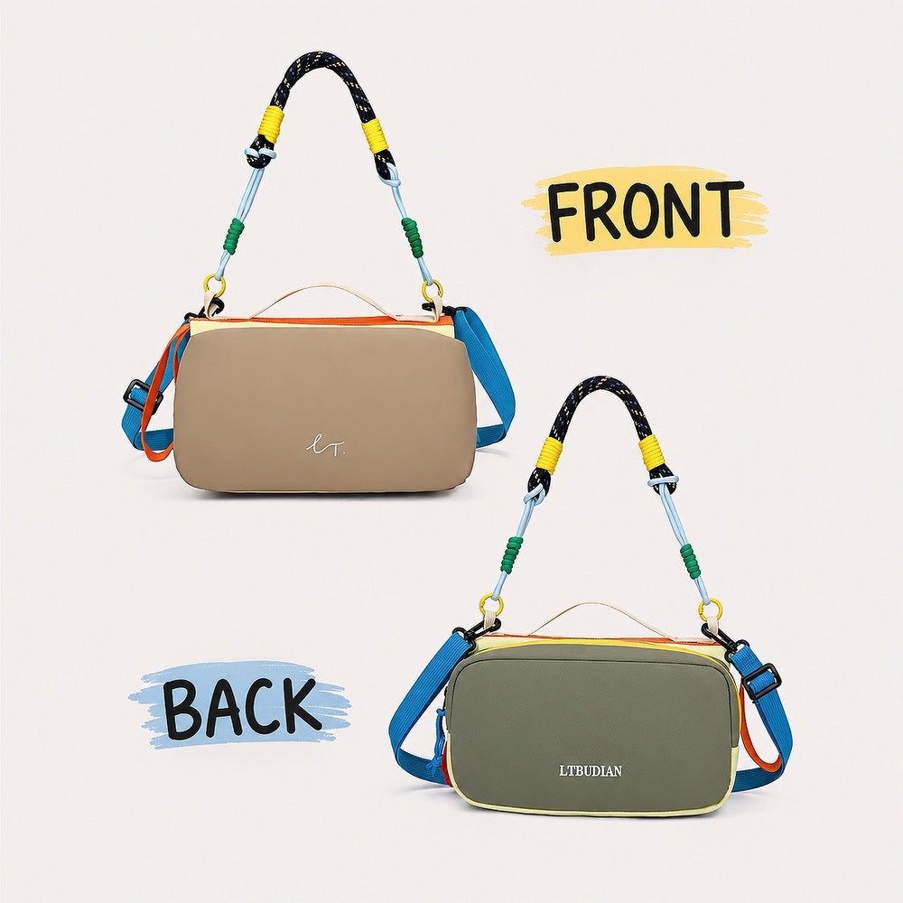 Dual view showing front khaki side and reversed olive green back side of the nylon utility bag.