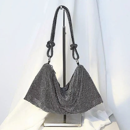 Flat lay of Rhinestone Hobo Bag in black, great for everyday carry and travel.