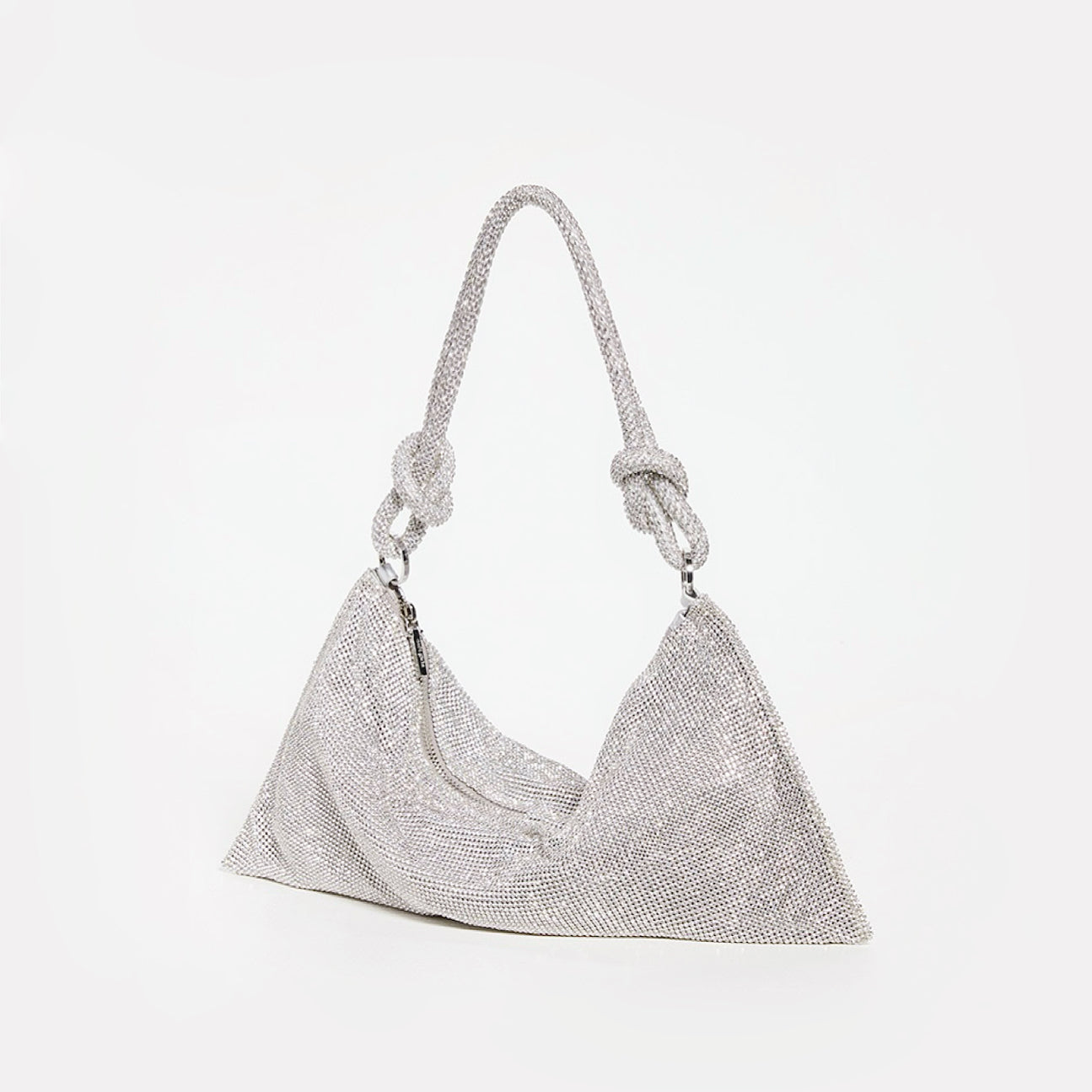 Front view of Silver rhinestone hobo bag with knotted shoulder strap.