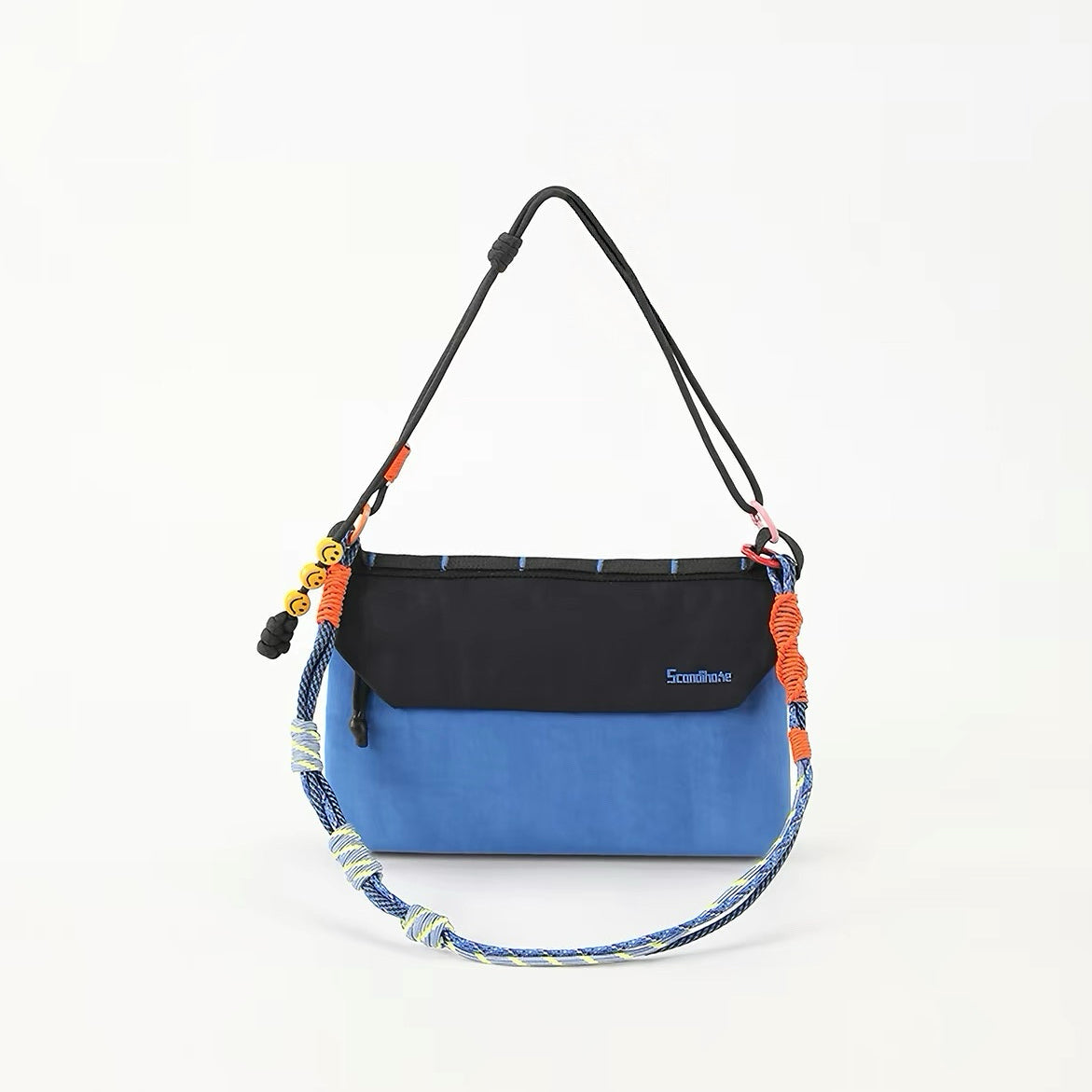 Front view of Blue Rope Play bag styled as an underarm shoulder purse.