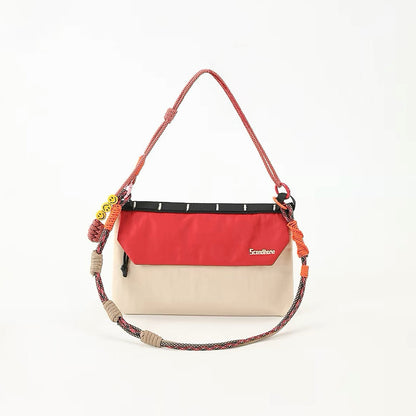 Front view of khaki Rope Play bag in short shoulder strap mode.