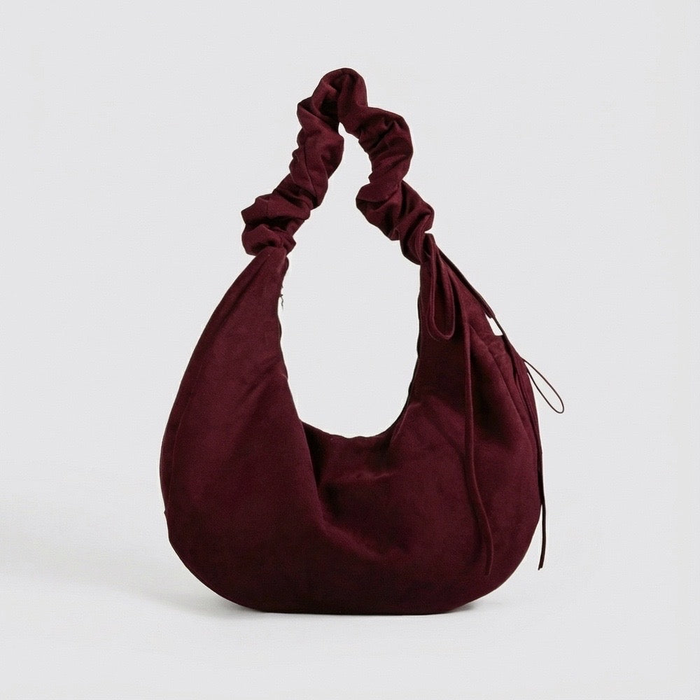 Front view of Ruched Strap Suede Hobo Bag in burgundy, ideal for errands and gifting.
