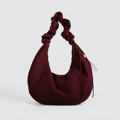 Front view of Ruched Strap Suede Hobo Bag in burgundy, ideal for errands and gifting.