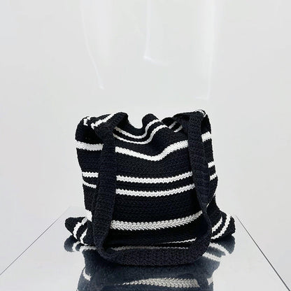 Folded view of black and white Simple Striped Knitted Bag, ideal for errands and gifting.
