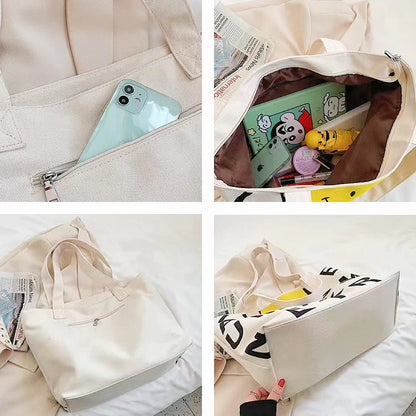 Detail views of Smile Face Canvas Tote Bag, ideal for errands and gifting.