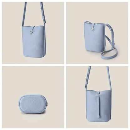 Close-up of the unique reversible buckle design and the multi sides view of the lychee leather bag.