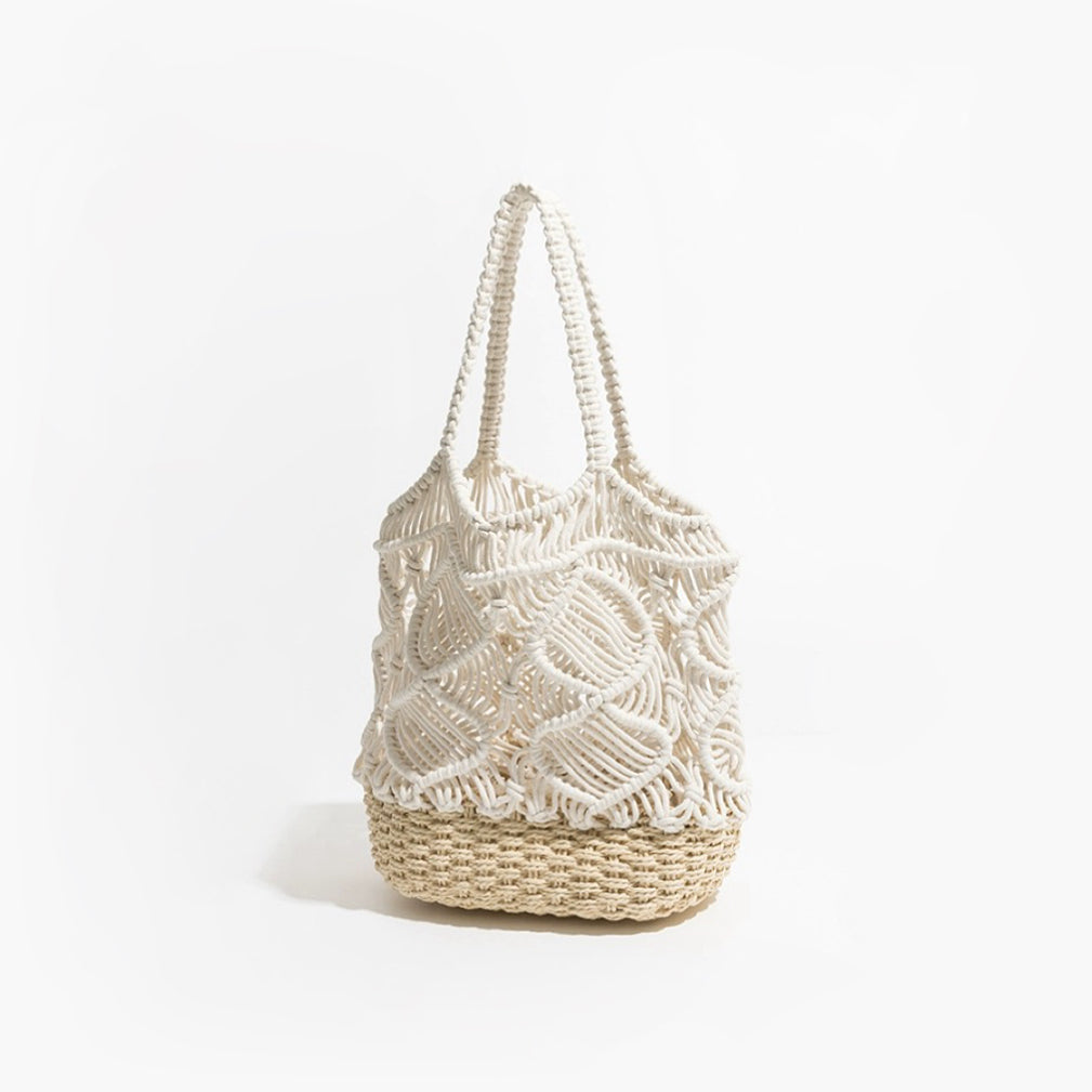 Front view of Spiral Pattern Hollow Crochet Bag in white, ideal for errands and gifting.