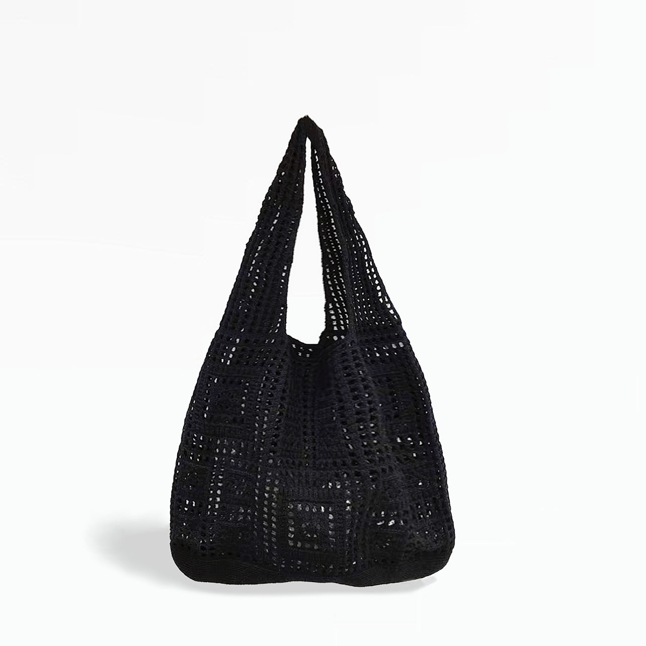 Angled view of Square Pattern Crochet Bag in black, great for everyday carry and travel.