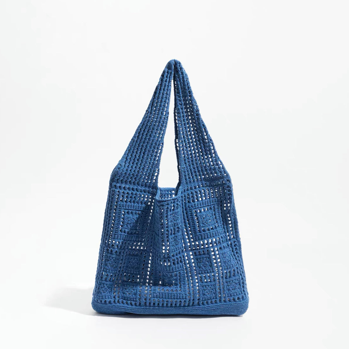 Front view of Square Pattern Crochet Bag in blue, ideal for errands and gifting.