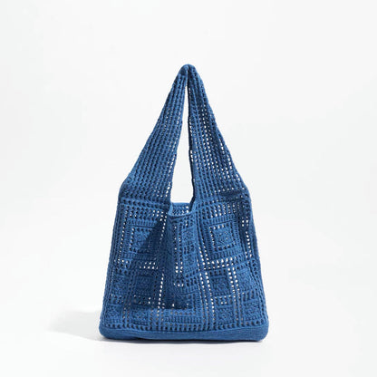 Front view of Square Pattern Crochet Bag in blue, ideal for errands and gifting.