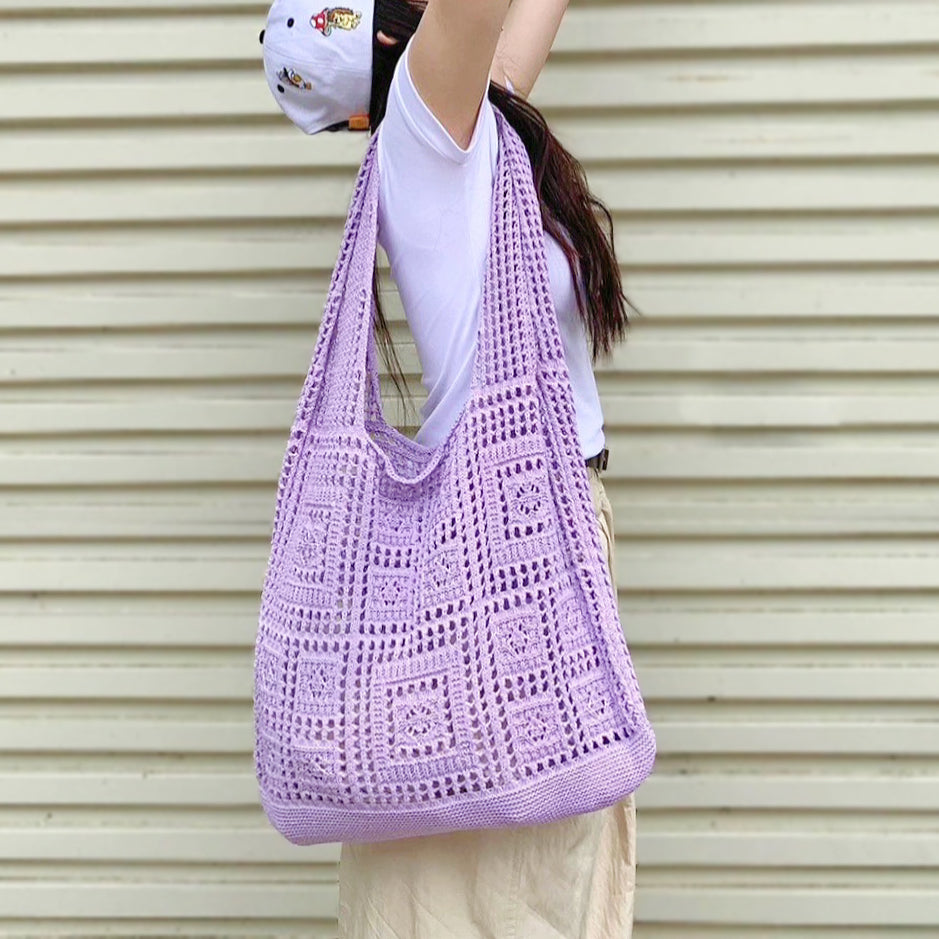 Model carrying a purple Square Pattern Crochet Bag on the shoulder, great for daily carry and travel.