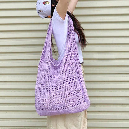 Model carrying a purple Square Pattern Crochet Bag on the shoulder, great for daily carry and travel.