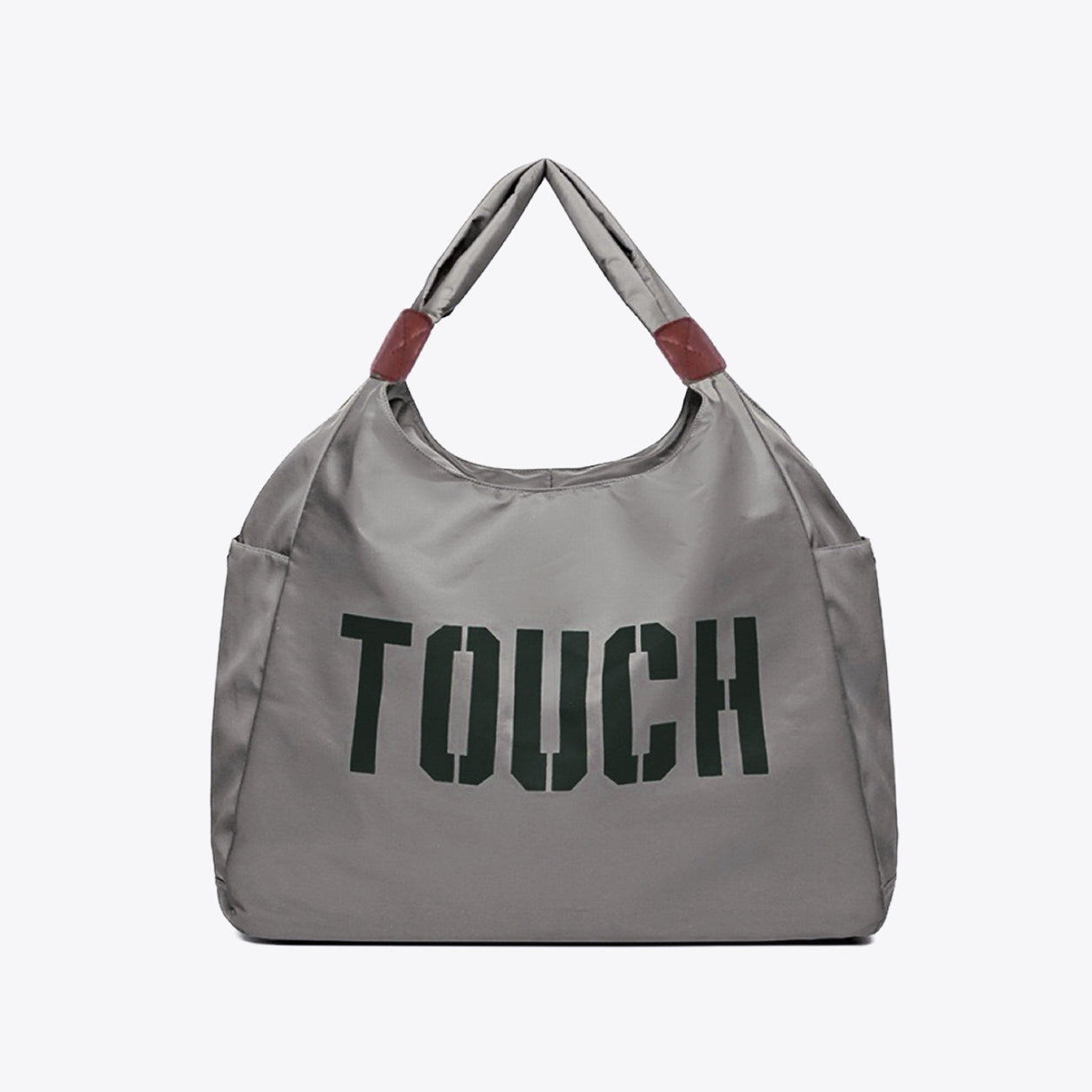 Flat lay of Touch Nylon Weekend Bag in gray, easy for commuting and weekends.