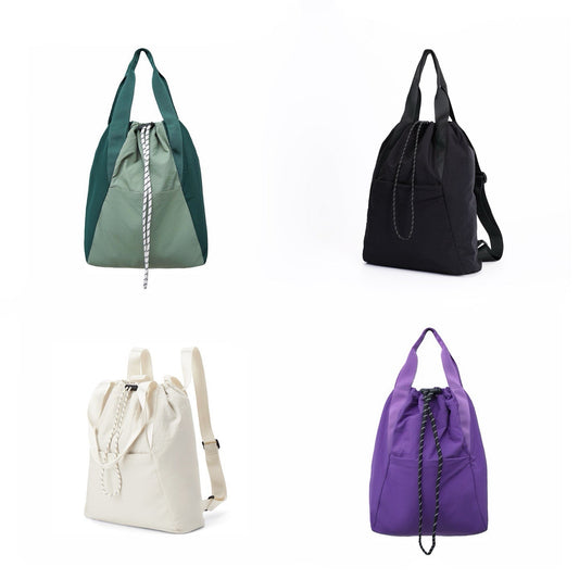 Ultralight 2-Way Backpack available in four colors, showcasing the nylon material and drawstring design.