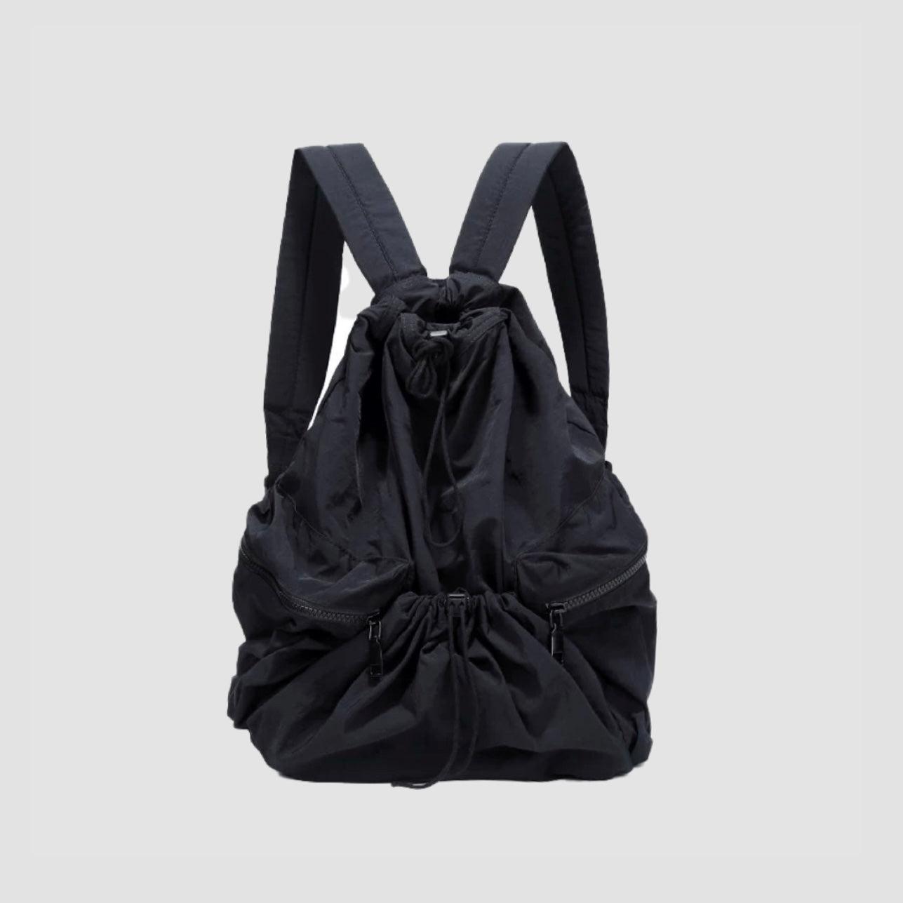 Classic black nylon drawstring backpack; sleek and professional design ideal for commuting or travel.