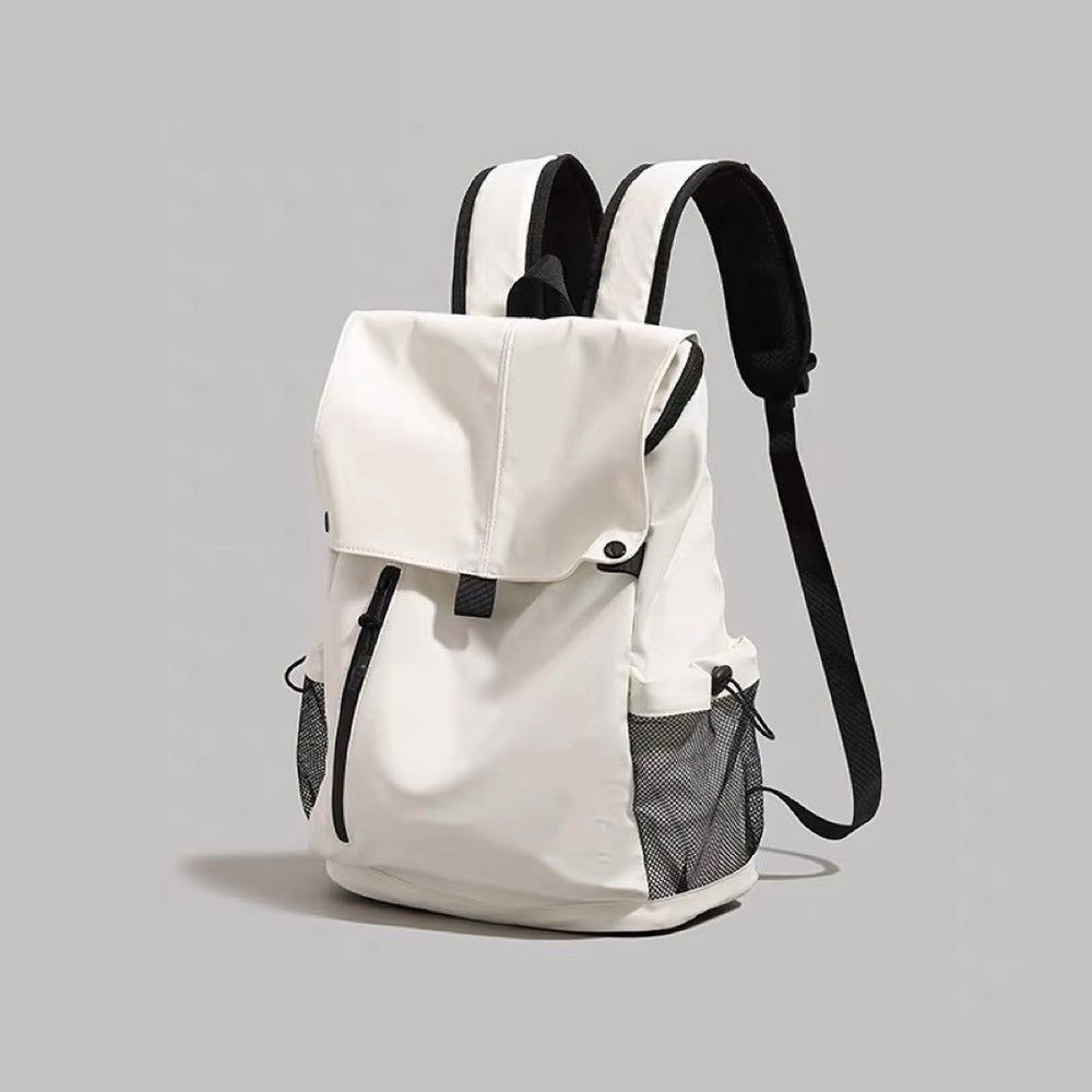 Off-white waterproof flap backpack displayed flat with black contrast straps.