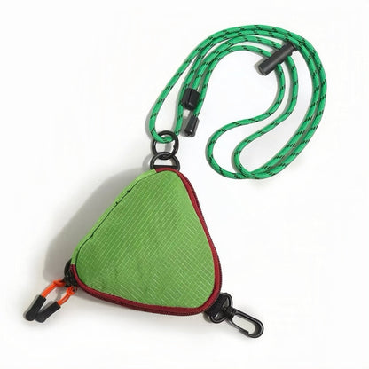 Studio product view of the green triangle nylon pouch featuring a black carabiner clip and green utility cord strap.