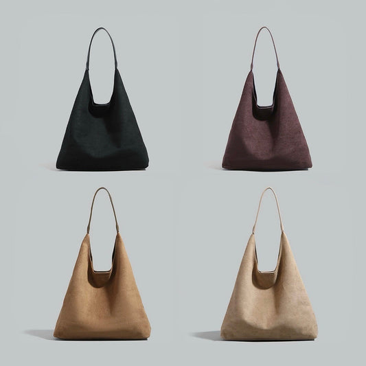Four-color palette of the vintage suede hobo bag in black, brown, khaki, and camel.