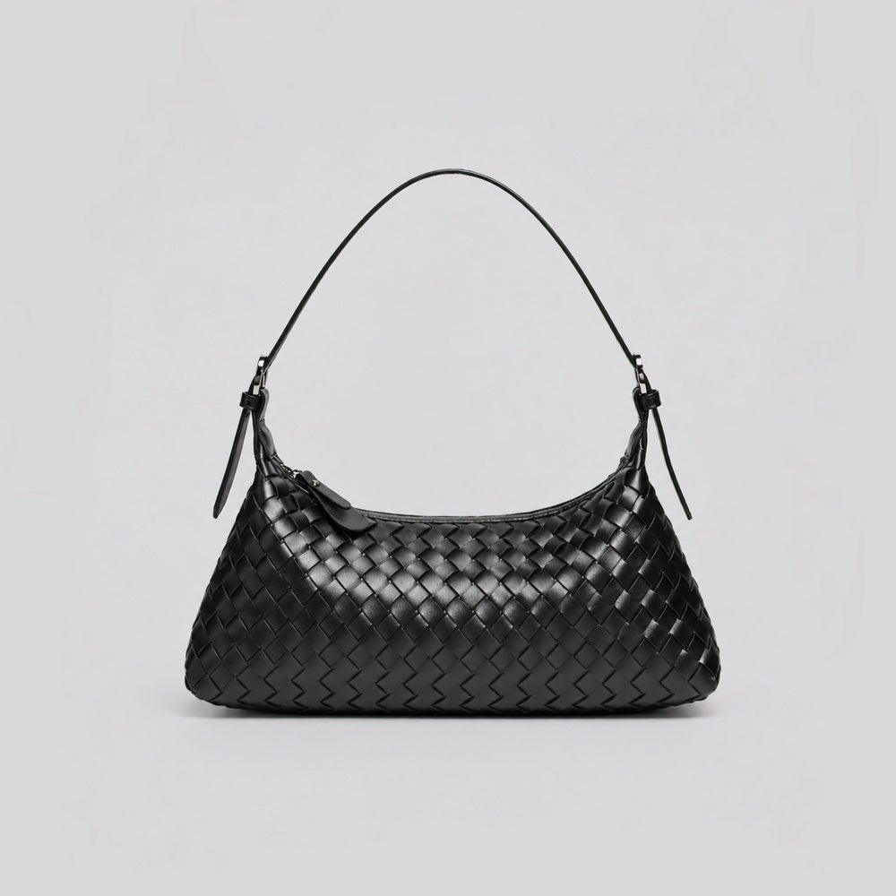 Front angle of a classic black woven leather hobo bag on a white background.