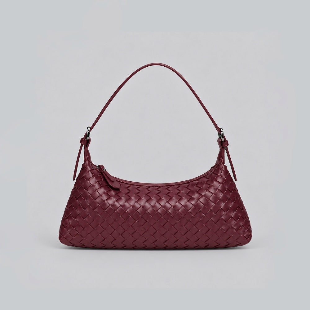 Front view of a burgundy wine red woven leather hobo bag.