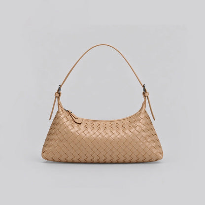 Front view of camel woven leather hobo bag.