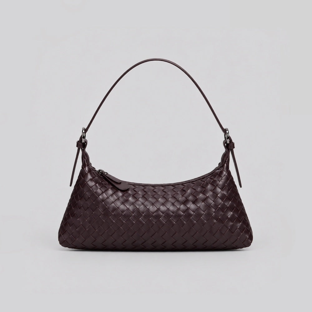 Front view of a dark brown woven vegan leather hobo purse with a short shoulder strap.
