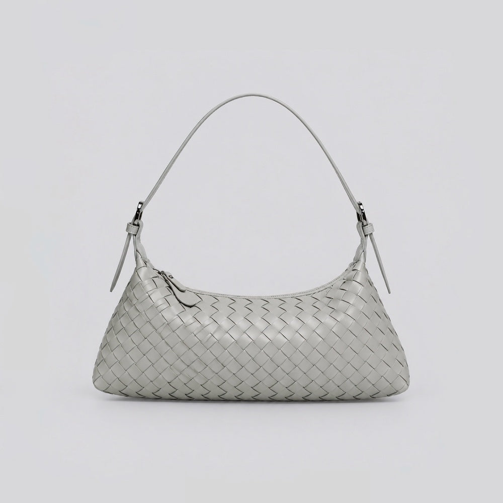 Front view of a soft light grey woven vegan leather hobo purse.