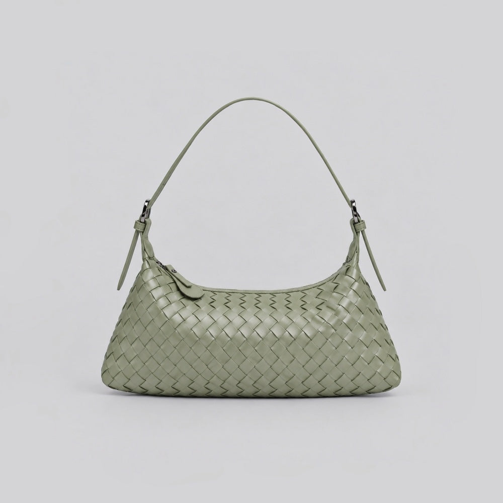 Front angle of a sage green woven leather hobo bag on a white background.